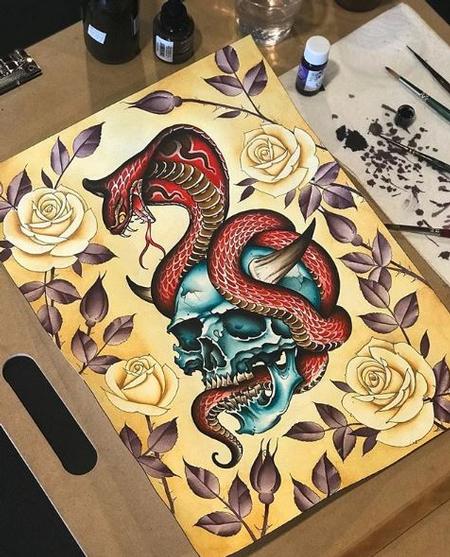 Art Galleries - Shawn Skull snake roses - 138751